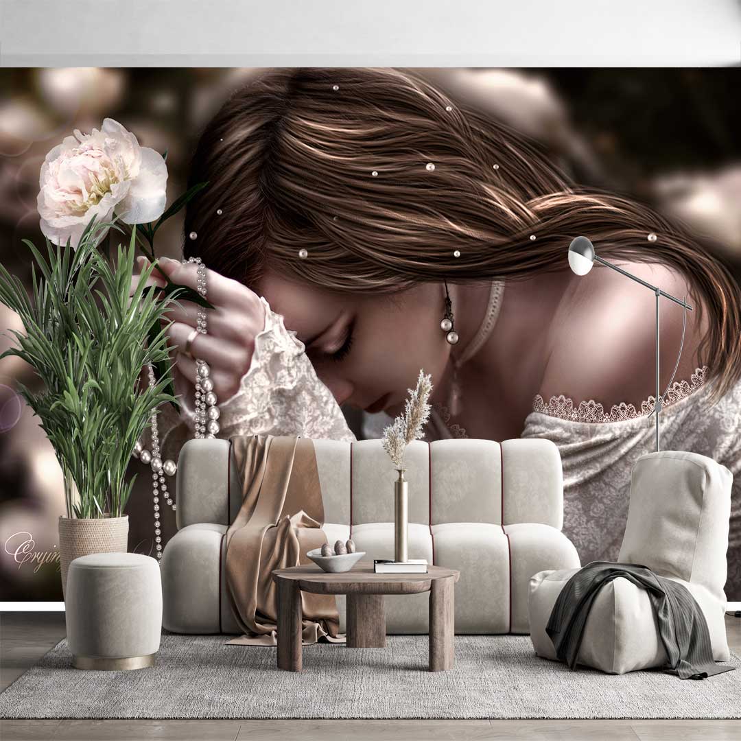 پوستر دیواری سه بعدی چهره زن  و گل t3736