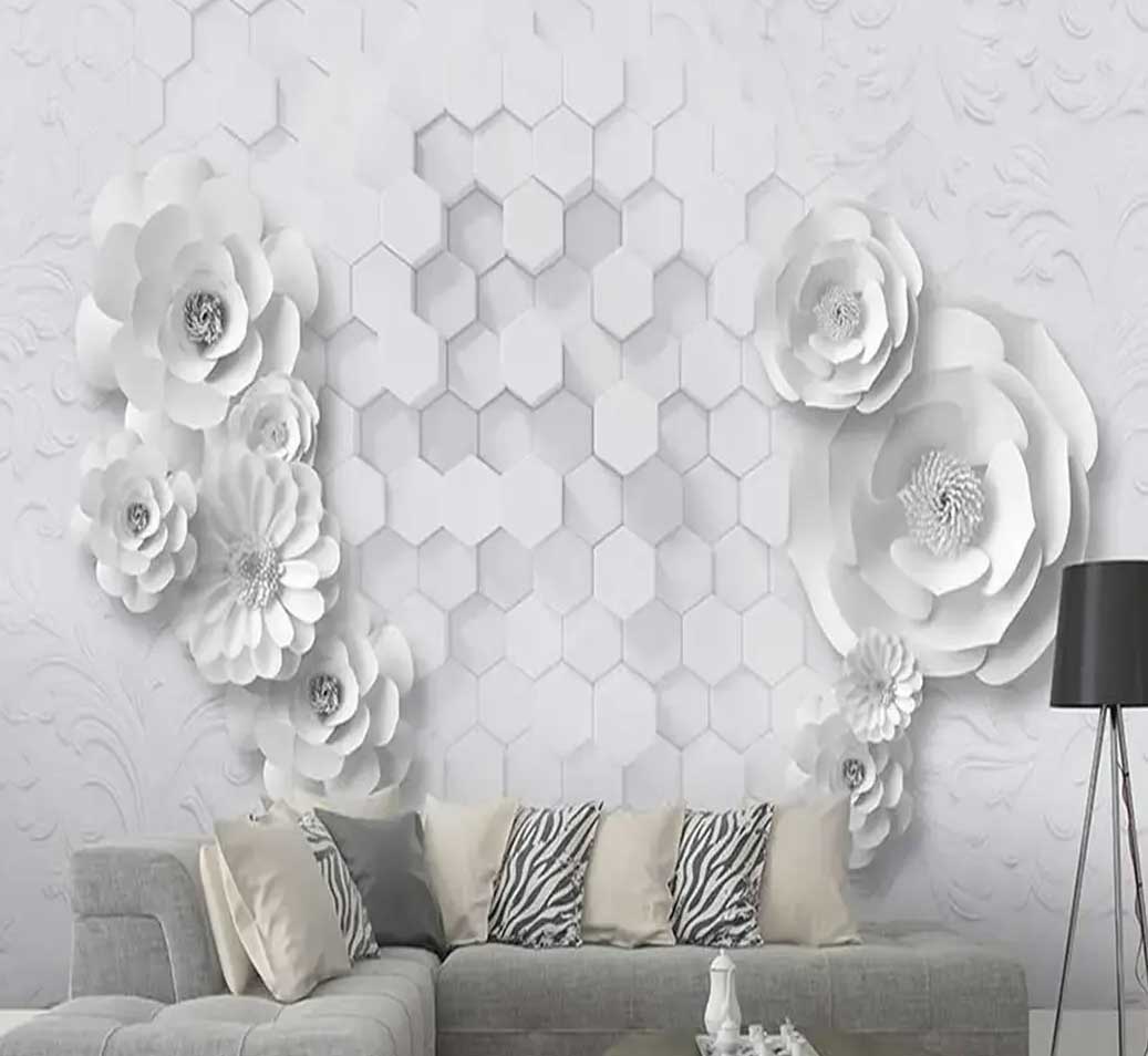 پوستر دیواری لاکچری سه بعدی طرح گل سفید کد A-3065