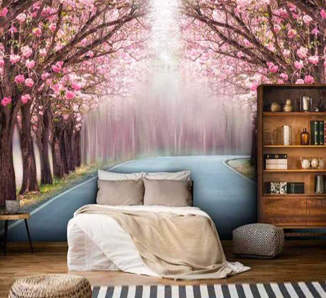 پوستر دیواری جاده و شکوفه های صورتی کد n-5857